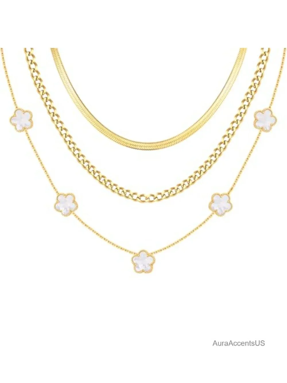 3Pcs 18K Gold Plated Layered Necklace Set, Stainless Steel Cuban Link